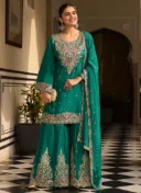 Teal Green Chinon Silk Embroidered Sequins  1