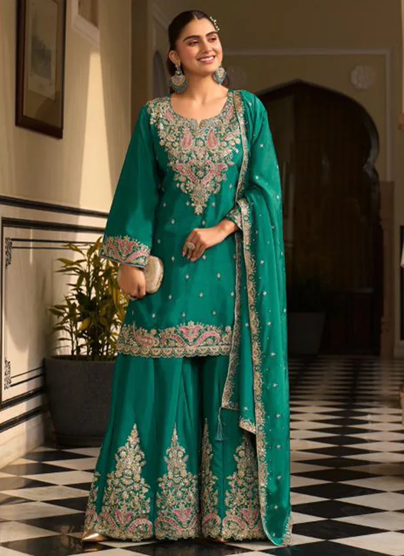 Teal Green Chinon Silk Embroidered Sequins 