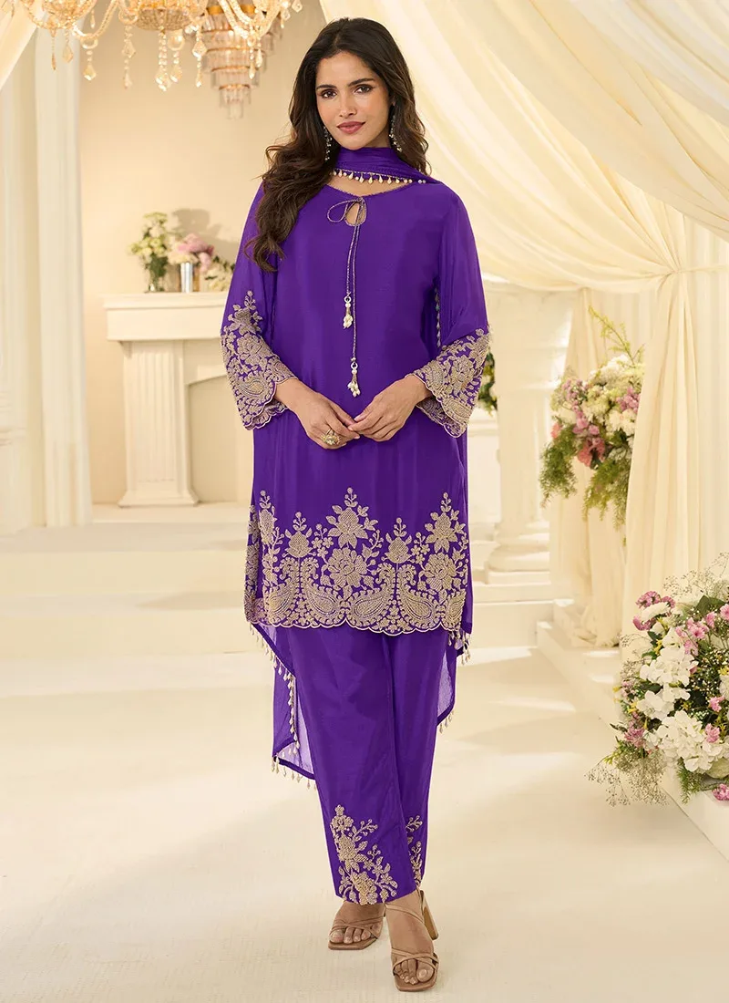 Purple Chinon Silk Embroidered Sequins
