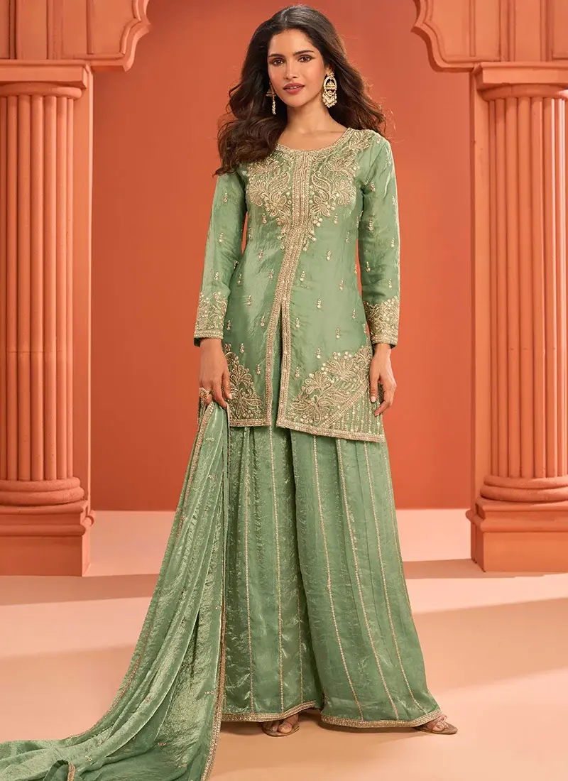 Green Fandy Silk Zari Embroidered Sequins 